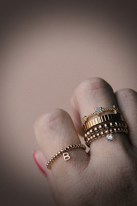 Beaded Solid Gold Initial Ring
