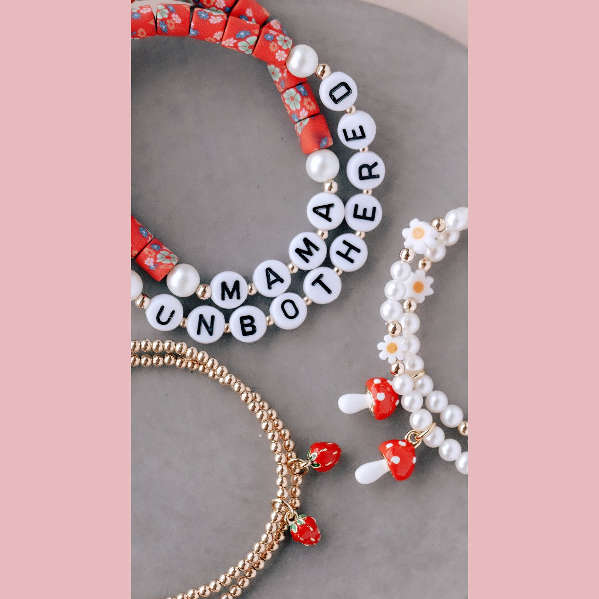 Red Floral Clay Bead Name Bracelet