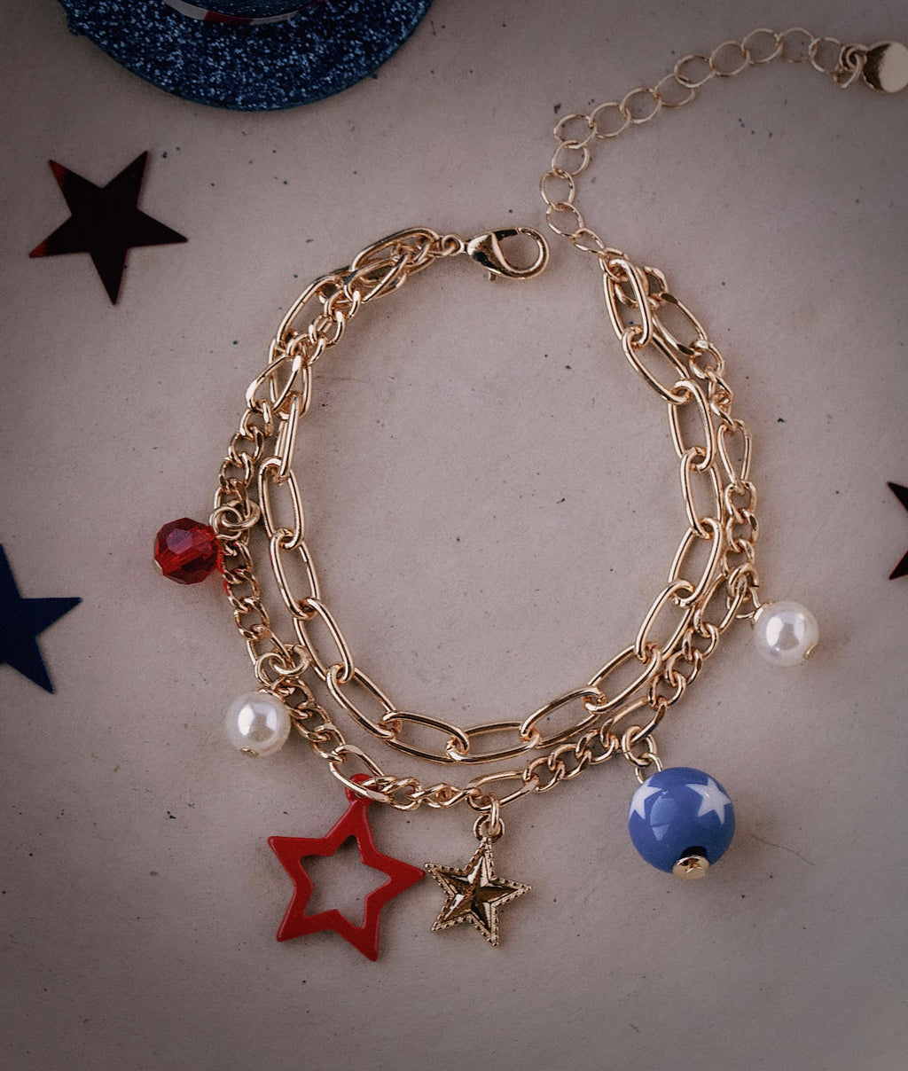 Red White and Pearls Charm Bracelet