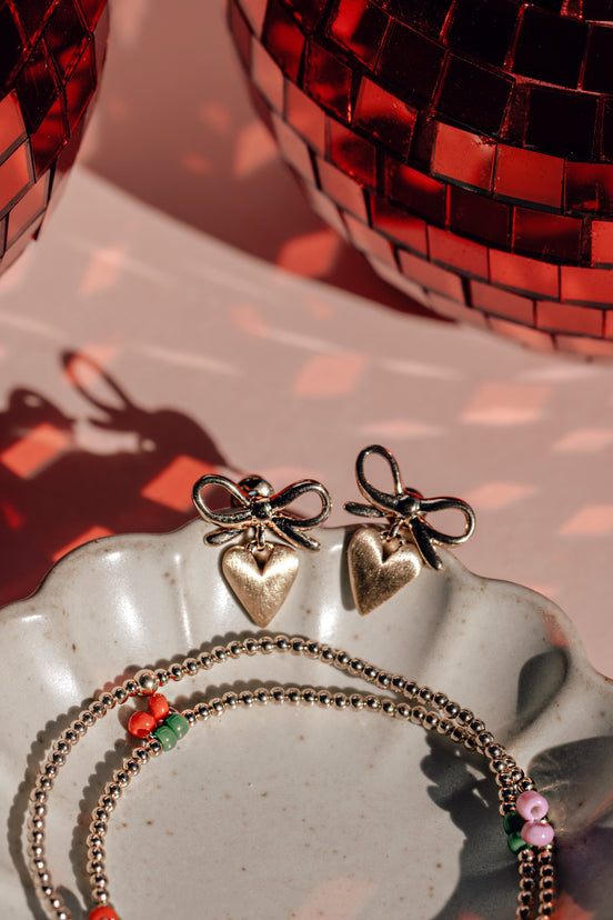 Bow and Heart Dangle Earrings - The Neon Cactus Studio