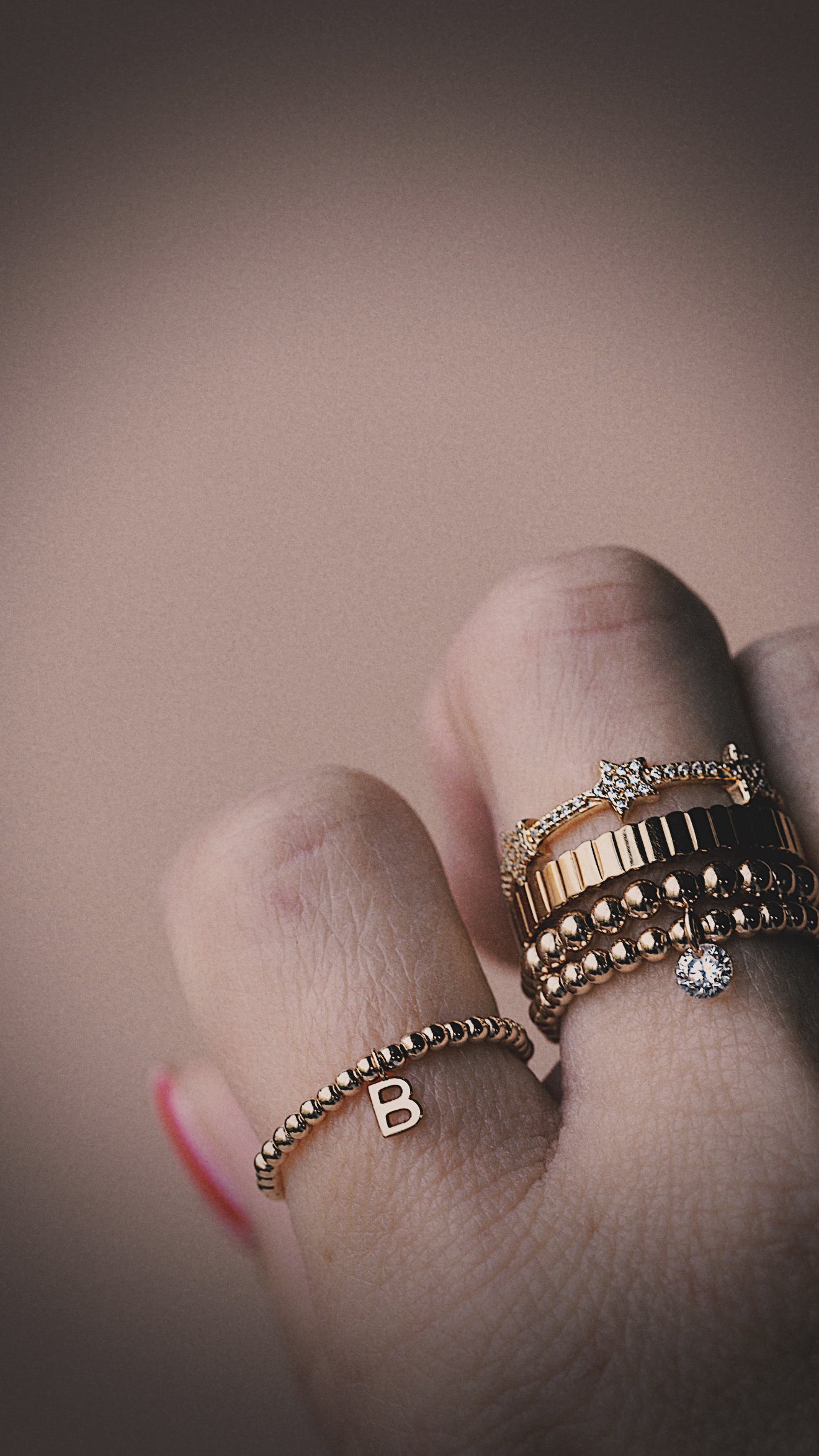Beaded Solid Gold Initial Ring