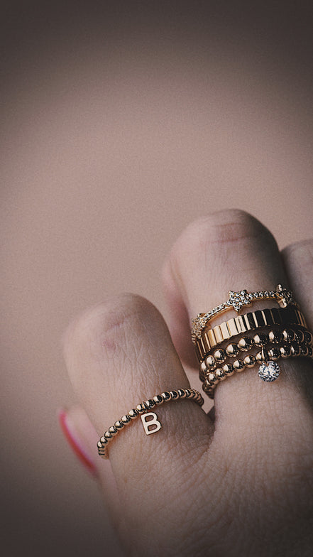 Beaded Solid Gold Initial Ring