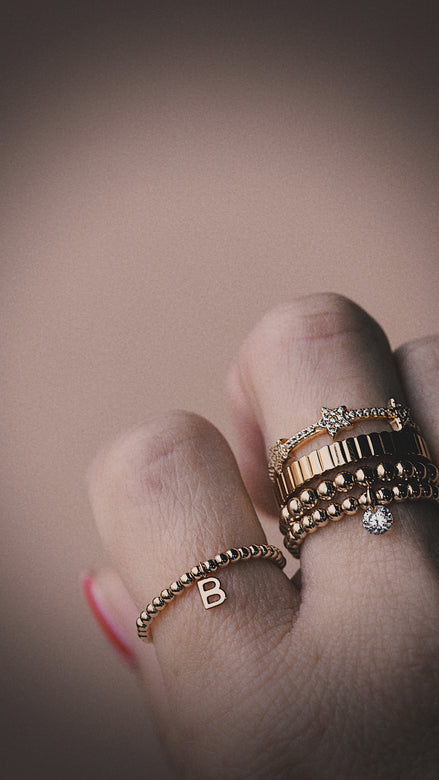 Beaded Solid Gold Initial Ring